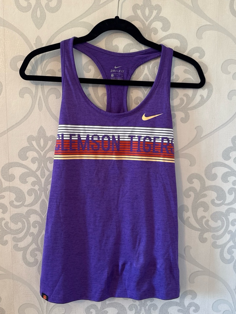 Nike Purple Clemson Tigers Racerback Tank with Orange & White Stripe